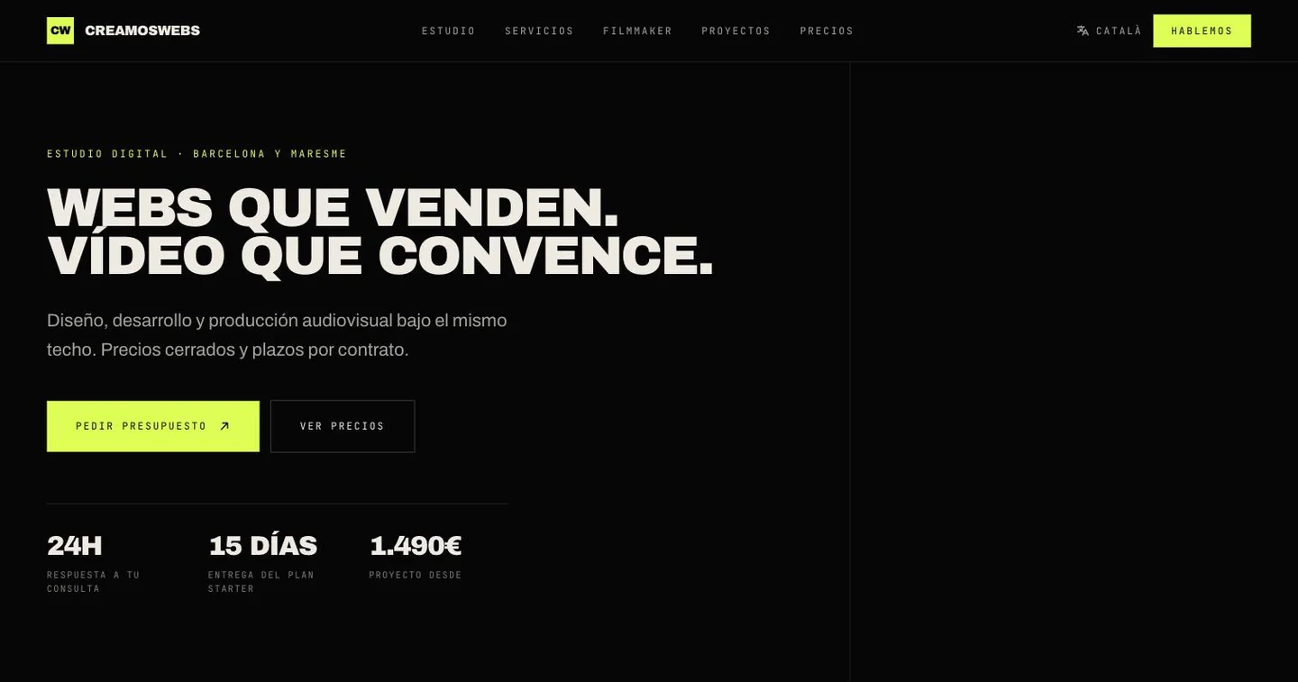Portada de creamoswebs.es con el titular Webs que venden. Vídeo que convence.