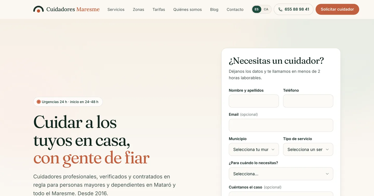 Portada de cuidadoresmaresme.es con el formulario de solicitud junto al titular Cuidar a los tuyos en casa, con gente de fiar