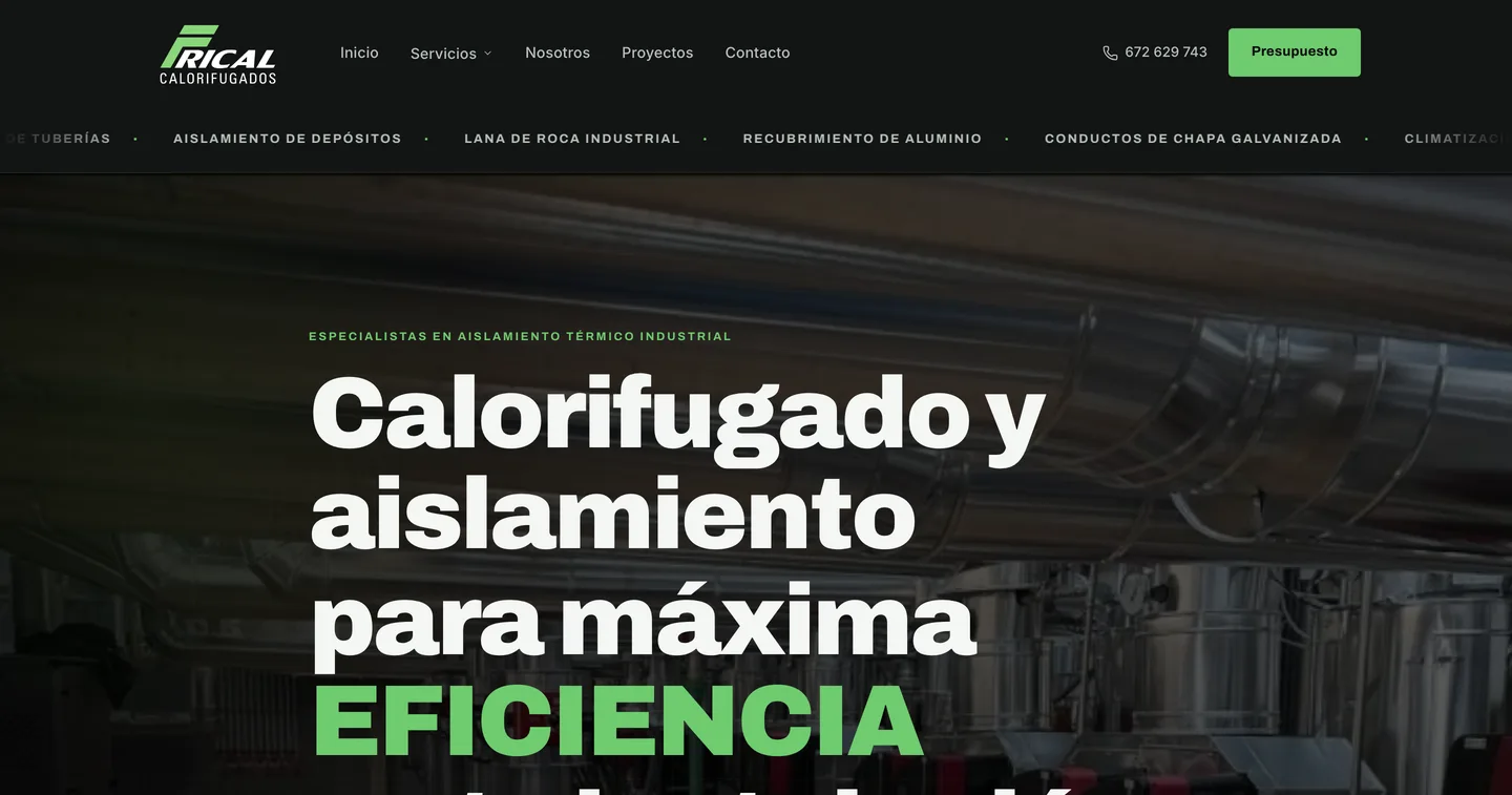 Portada de fricalcalorifugados.com con el titular Calorifugado y aislamiento para máxima eficiencia