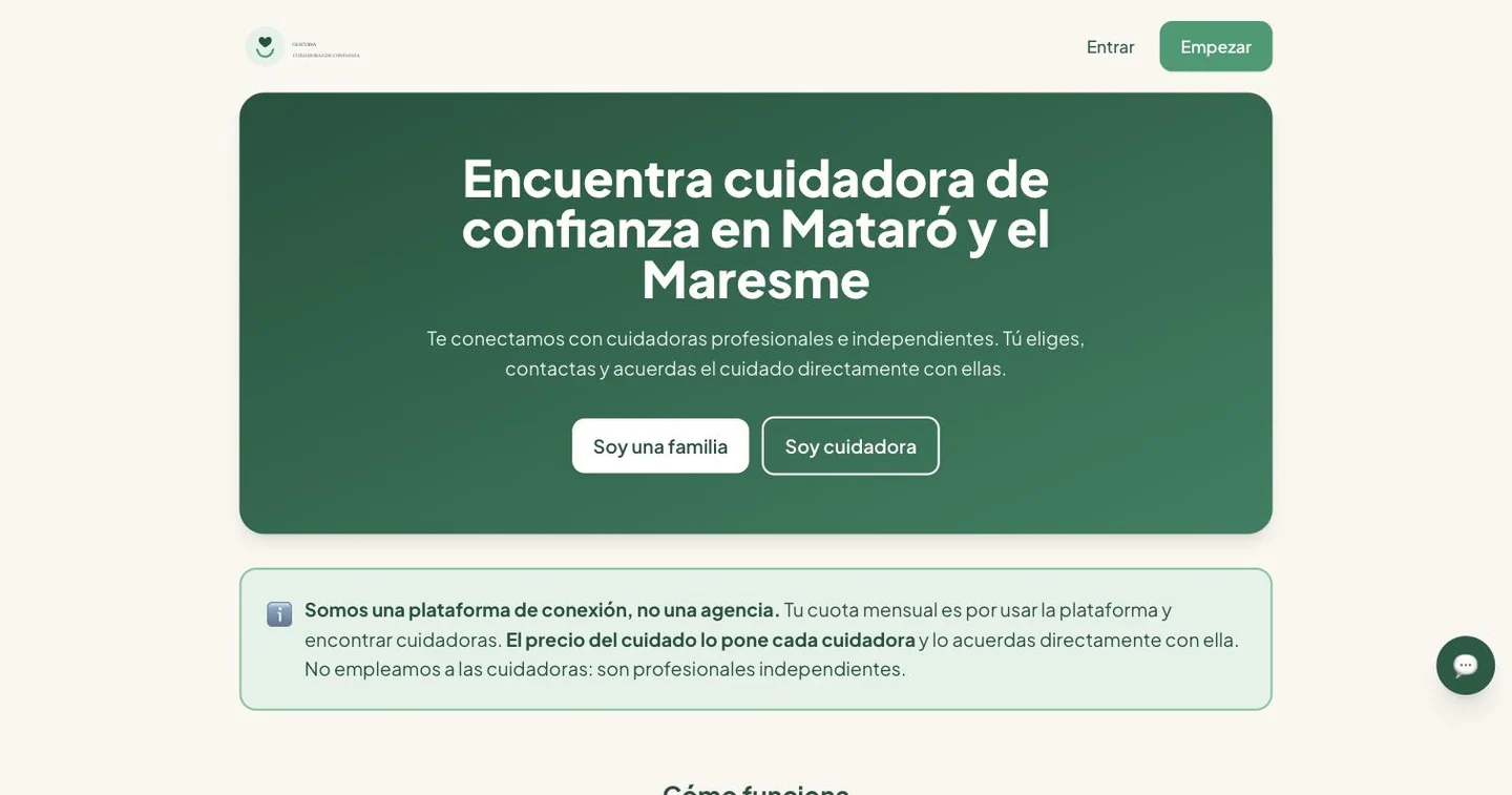 Portada de gescuida.es con el titular Encuentra cuidadora de confianza en Mataró y el Maresme