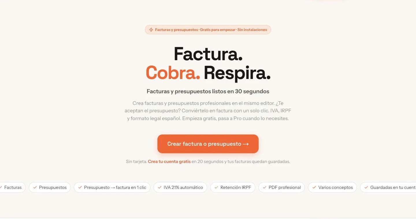 Portada de kobro.es con el titular Factura. Cobra. Respira.