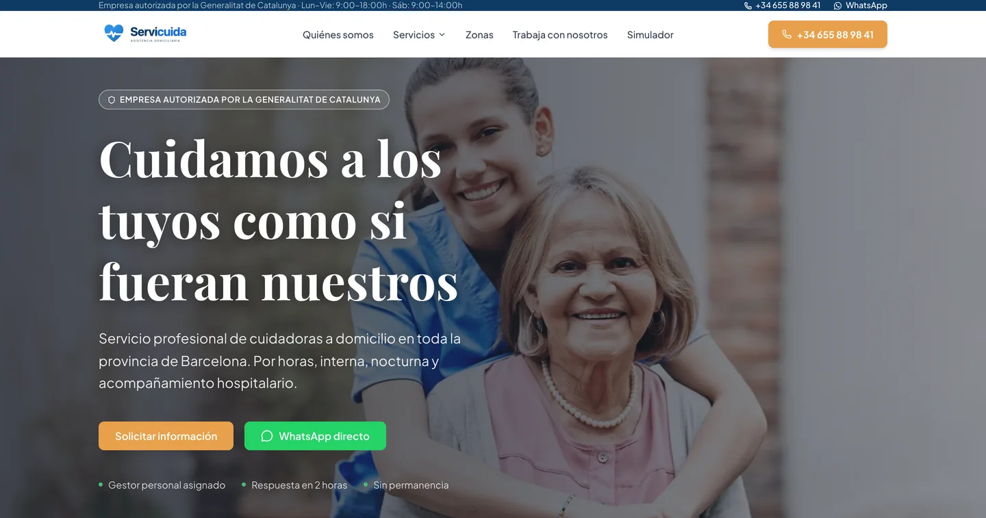 Portada de servicuida.com con el titular Cuidamos a los tuyos como si fueran nuestros