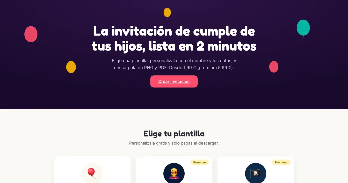 Portada de tufiestaya.es con el titular La invitación de cumple de tus hijos, lista en 2 minutos